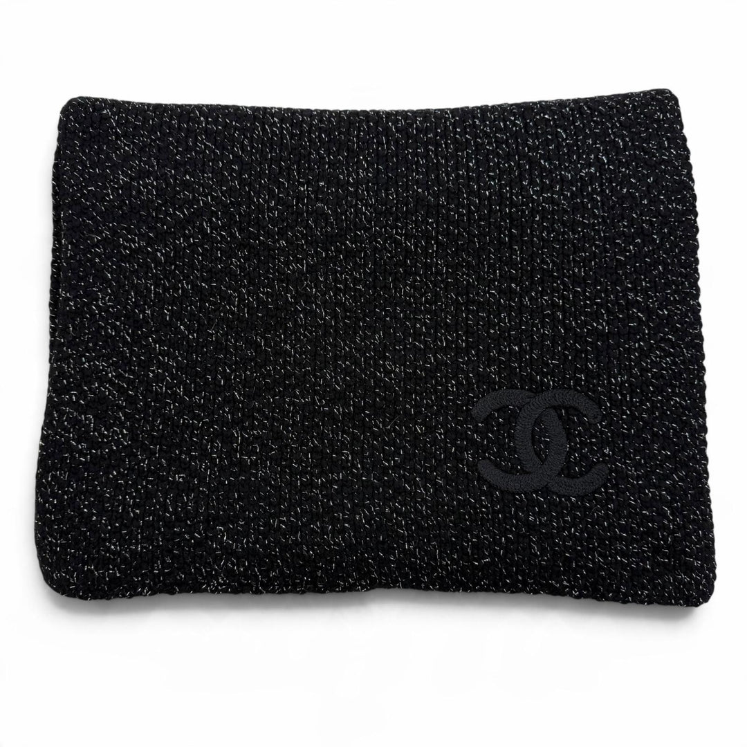 Great CHANEL Scarf COCO Mark Large Size Low Gauge Knit black cashmere Women