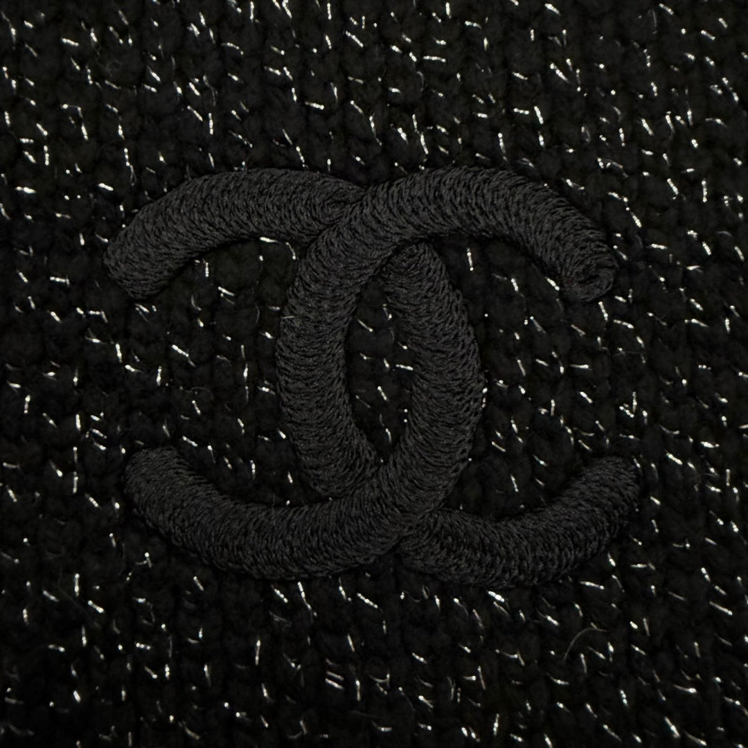 Great CHANEL Scarf COCO Mark Large Size Low Gauge Knit black cashmere Women