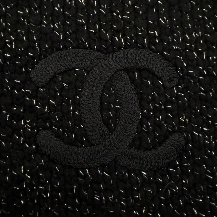 Great CHANEL Scarf COCO Mark Large Size Low Gauge Knit black cashmere Women