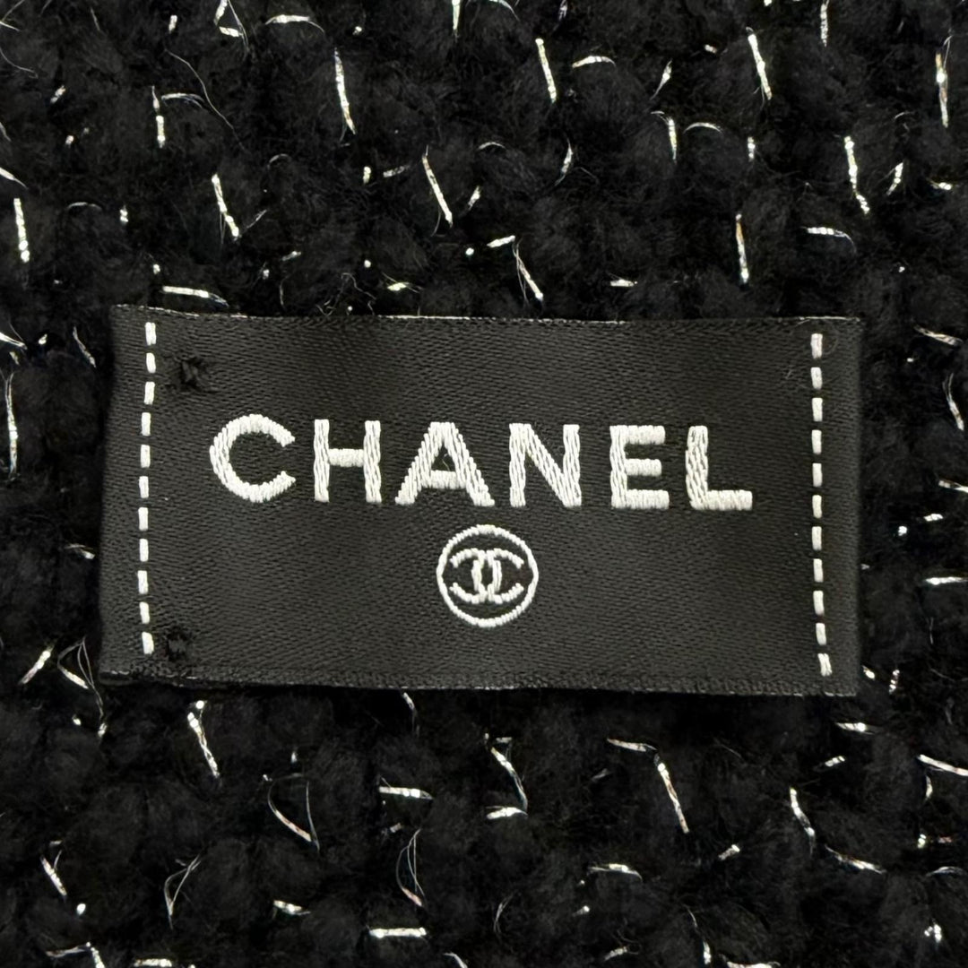 Great CHANEL Scarf COCO Mark Large Size Low Gauge Knit black cashmere Women