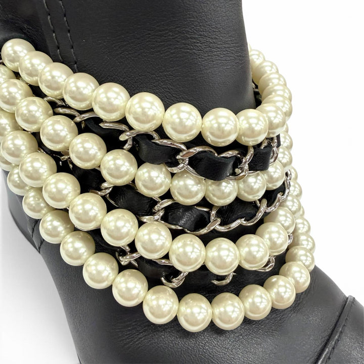 Great CHANEL boots COCO Mark Eco Pearl Chain Belt Leather black 36.5 G33932