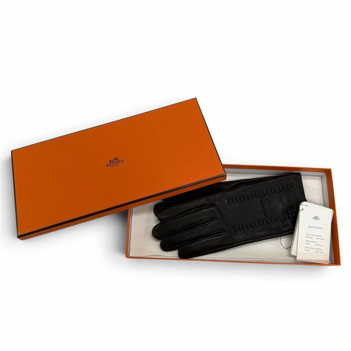 Pristine HERMES gloves H Design Leather Gloves black lambskin Leather Women 7