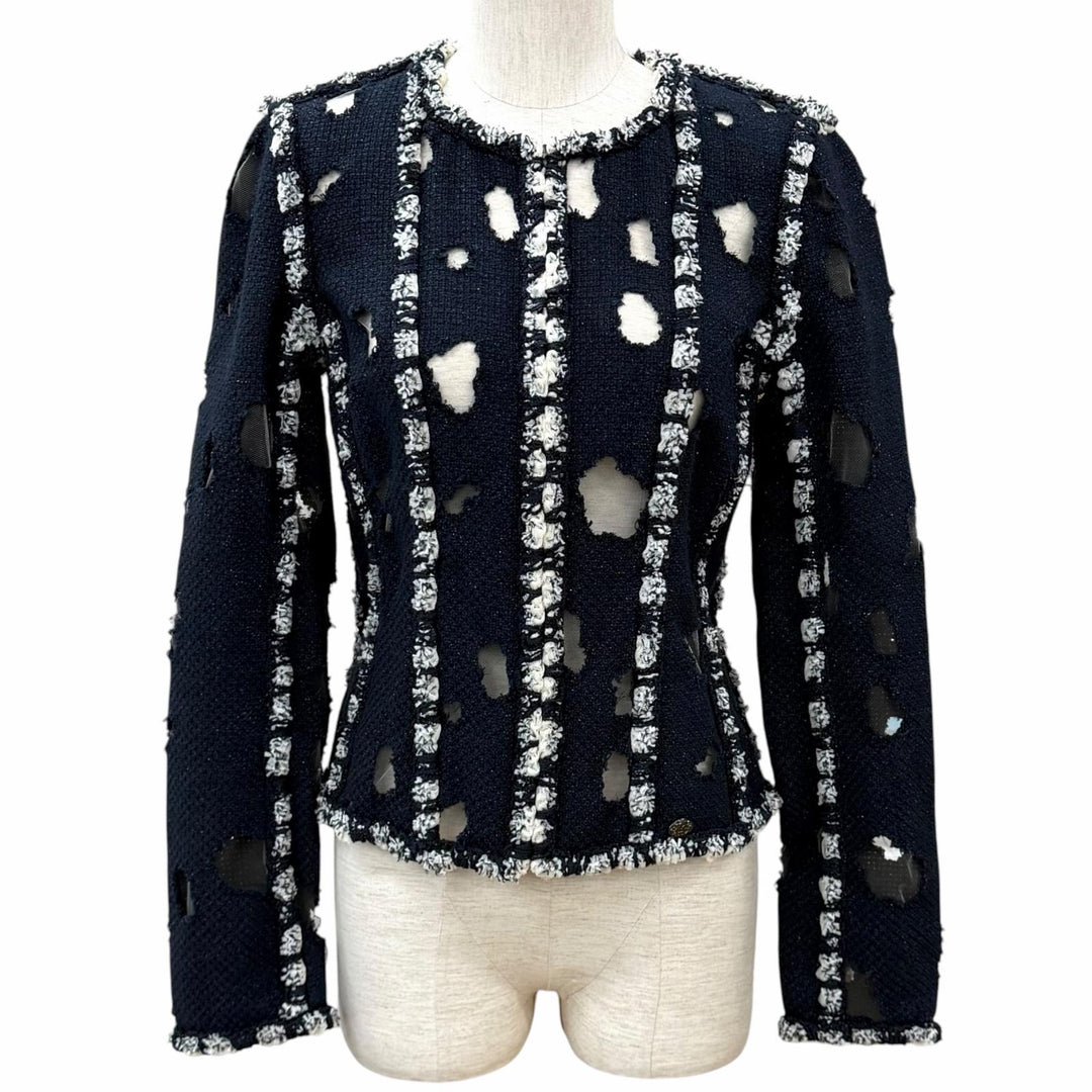 Great CHANEL collarless jacket Mesh detail glitter tweed jacket cotton 36 P41085