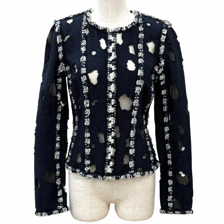 Great CHANEL collarless jacket Mesh detail glitter tweed jacket cotton 36 P41085