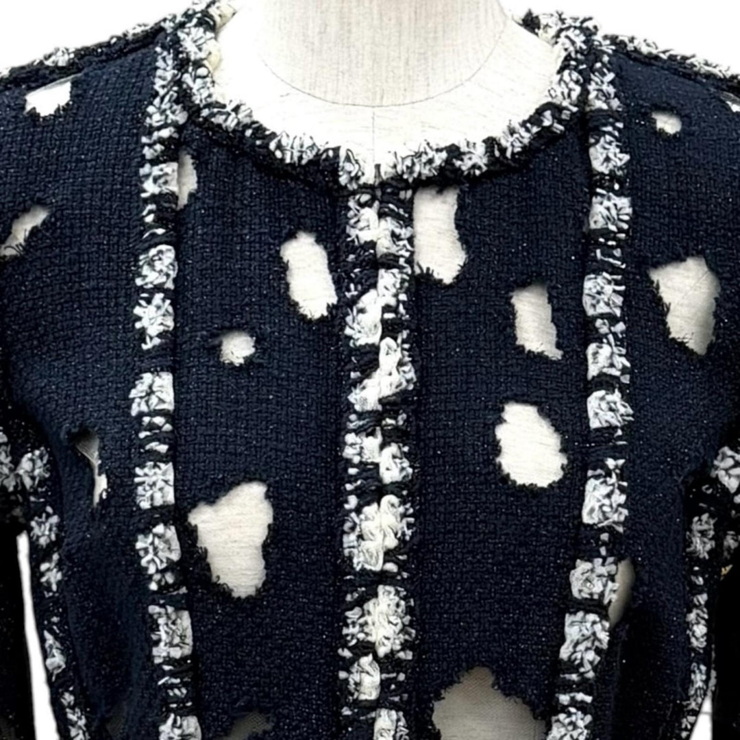 Great CHANEL collarless jacket Mesh detail glitter tweed jacket cotton 36 P41085
