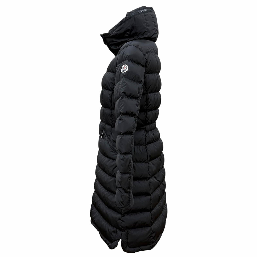 Excellent MONCLER down coat FLAMETTE Long jacket with patch and stowable hood. 3