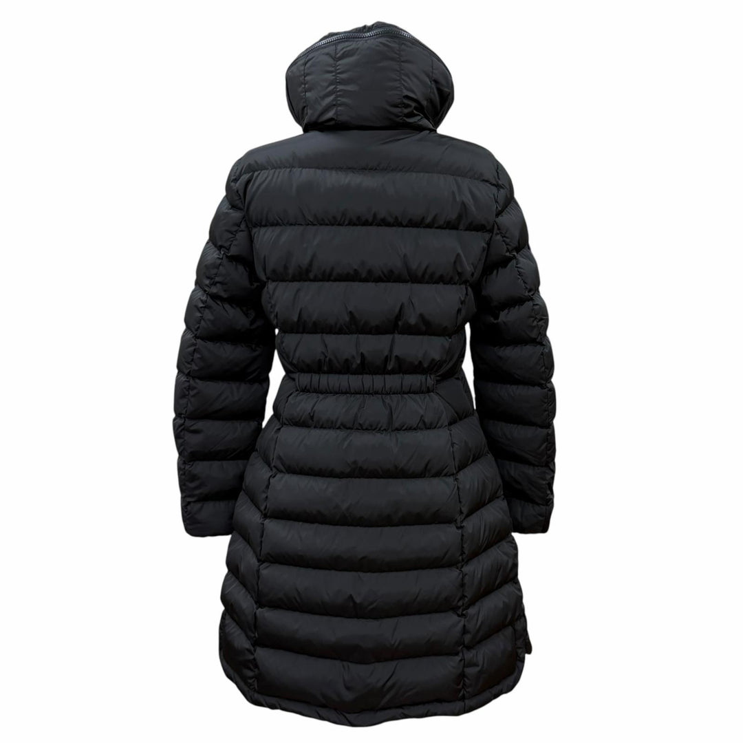 Excellent MONCLER down coat FLAMETTE Long jacket with patch and stowable hood. 3