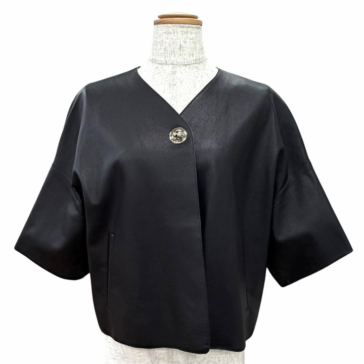 Excellent HERMES leather jacket Collarless, short-sleeved, short black FR 40