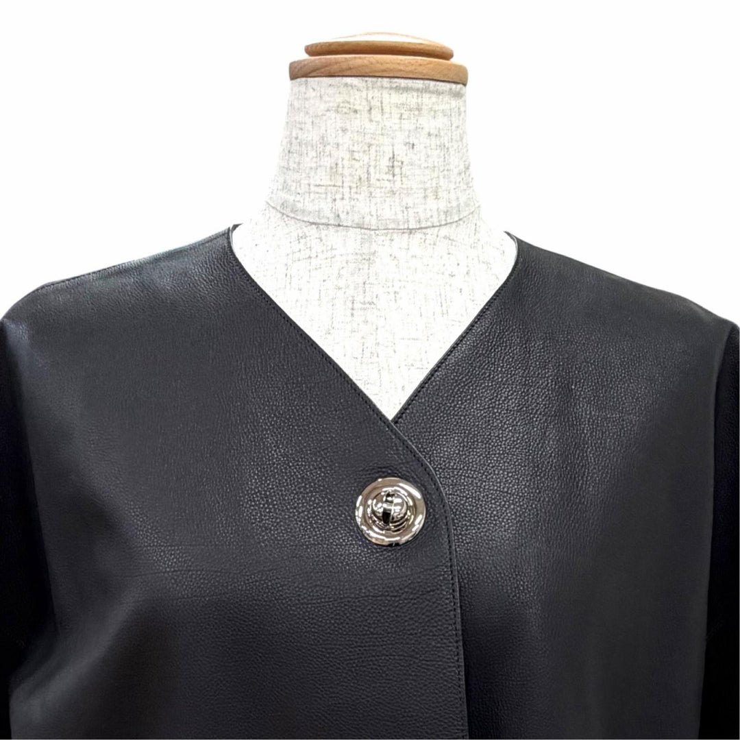 Excellent HERMES leather jacket Collarless, short-sleeved, short black FR 40