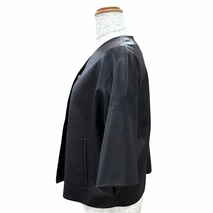 Excellent HERMES leather jacket Collarless, short-sleeved, short black FR 40