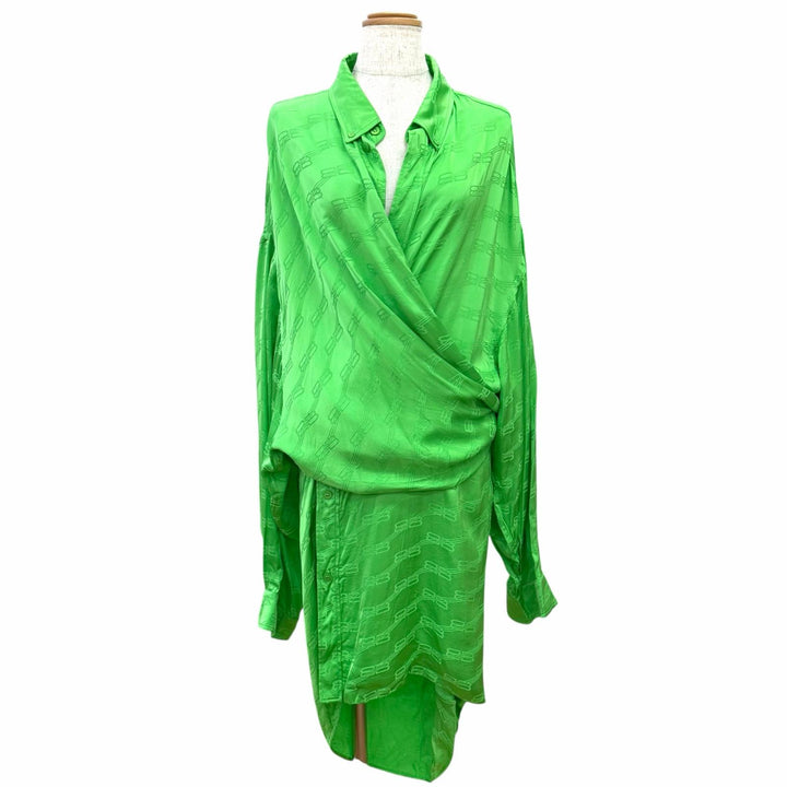 Pristine BALENCIAGA one piece BB Monogram Wrap-Style Shirt green 34 704446