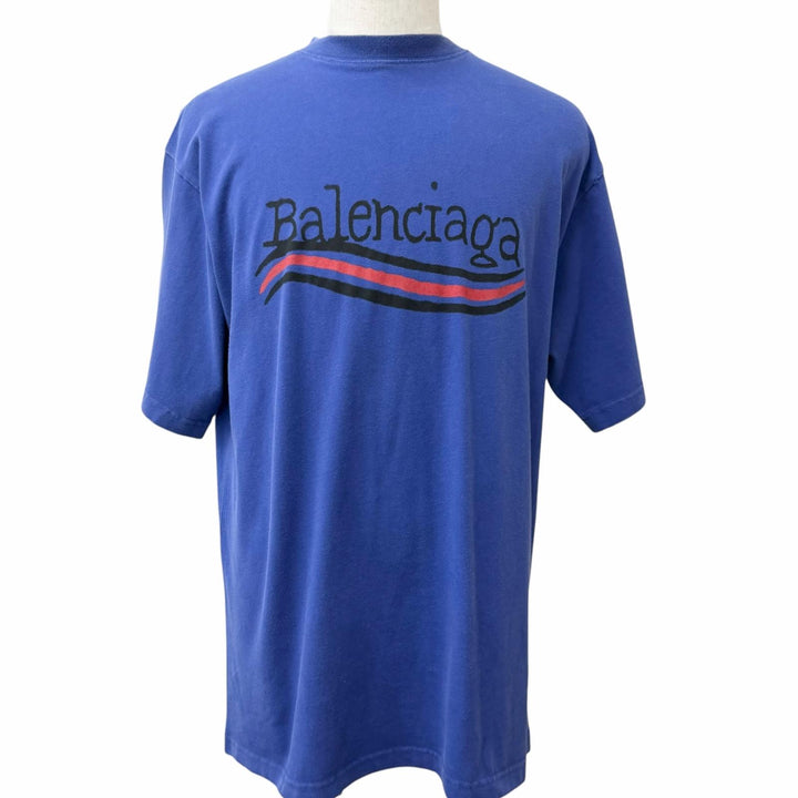Excellent BALENCIAGA Short sleeve T-shirt Distressed finish campaign logo Navy