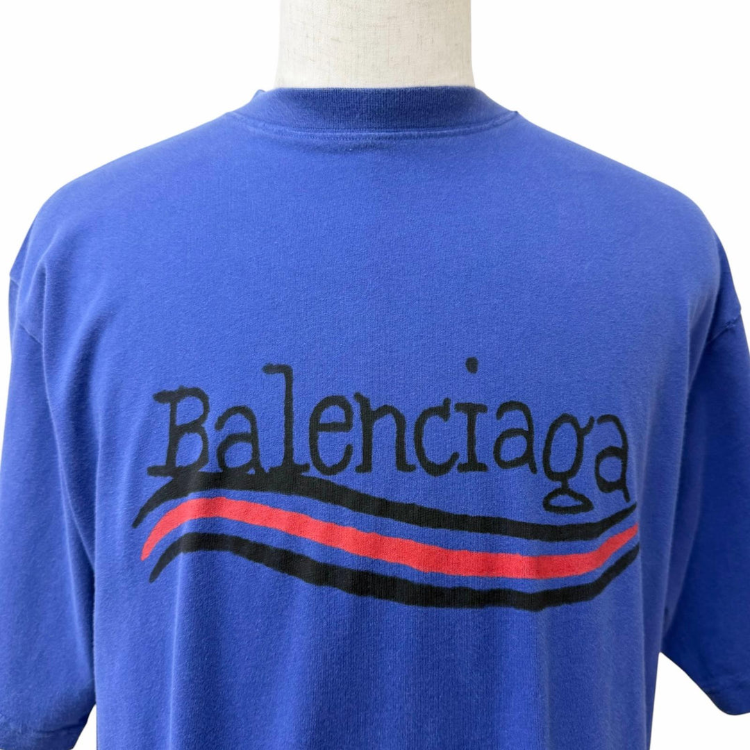 Excellent BALENCIAGA Short sleeve T-shirt Distressed finish campaign logo Navy