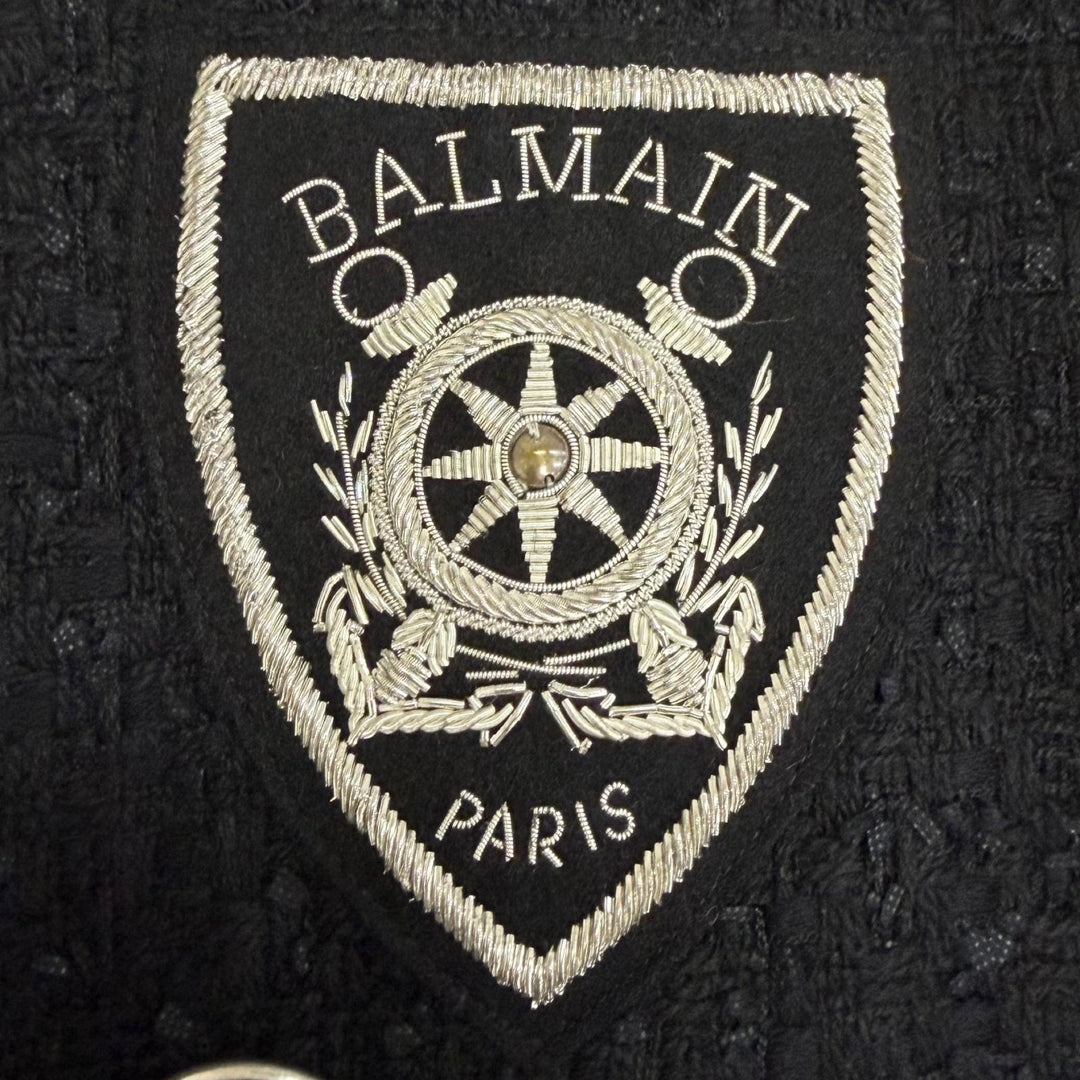 Excellent BALMAIN Jacket Emblem logo patch, double-breasted, chain tweed