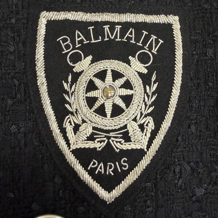 Excellent BALMAIN Jacket Emblem logo patch, double-breasted, chain tweed