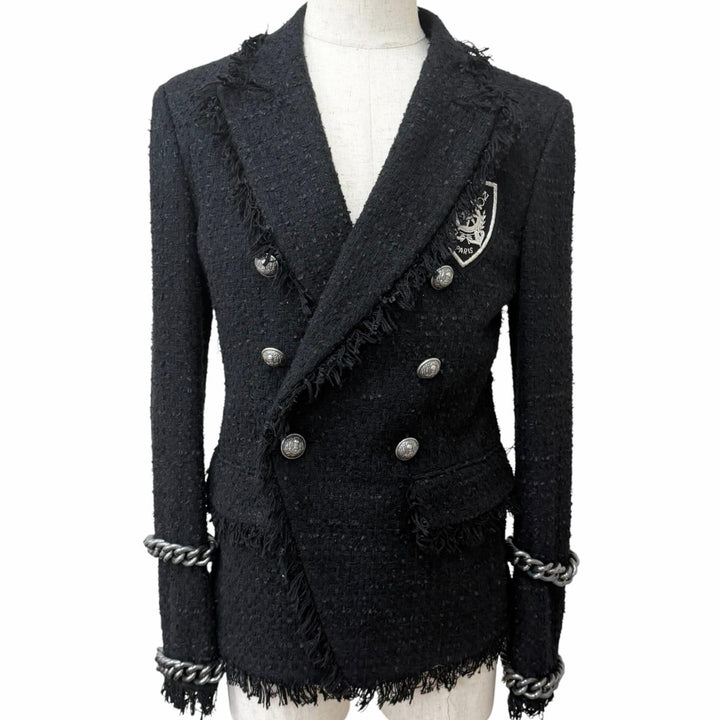 Excellent BALMAIN Jacket Emblem logo patch, double-breasted, chain tweed