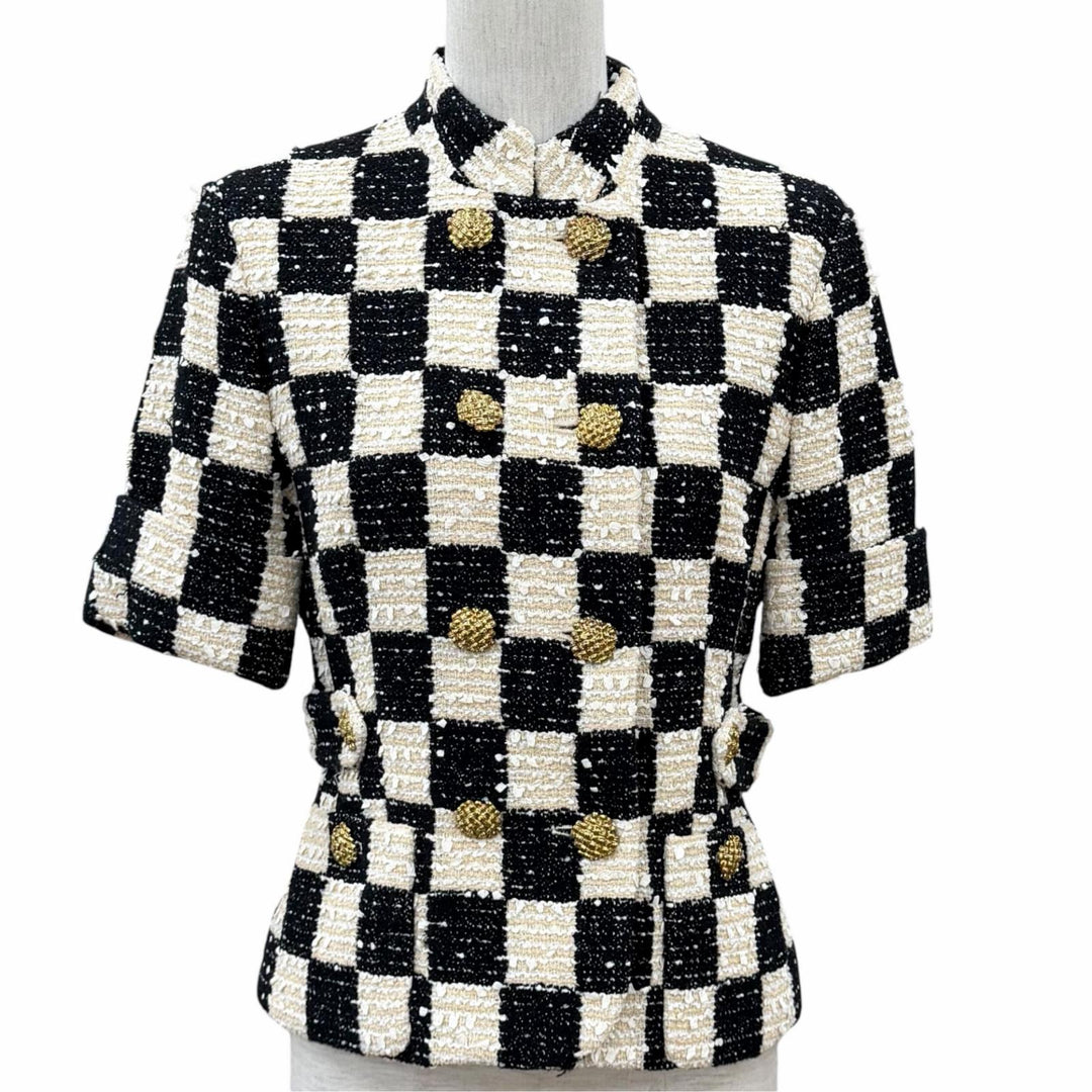Pristine GUCCI Jacket Block check ribbon tweed short sleeve cotton IT 40 652261