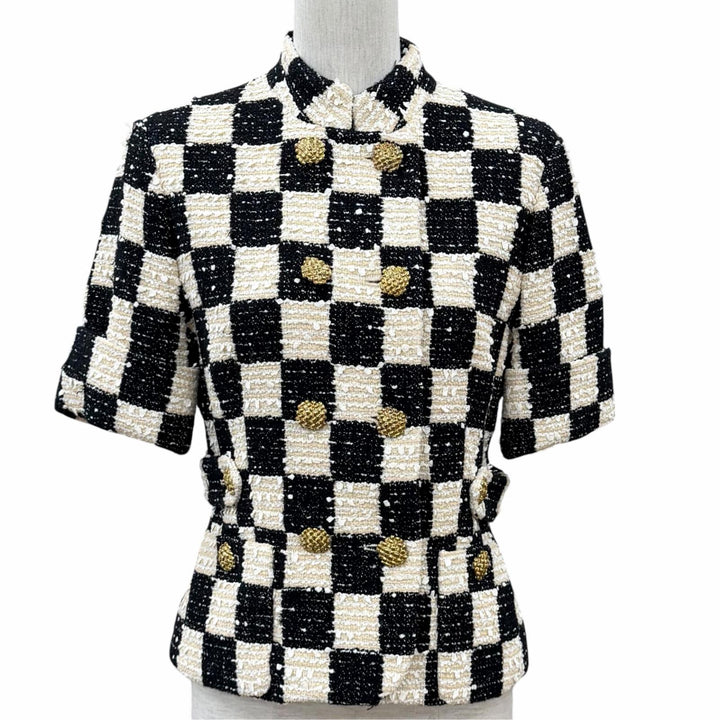 Pristine GUCCI Jacket Block check ribbon tweed short sleeve cotton IT 40 652261