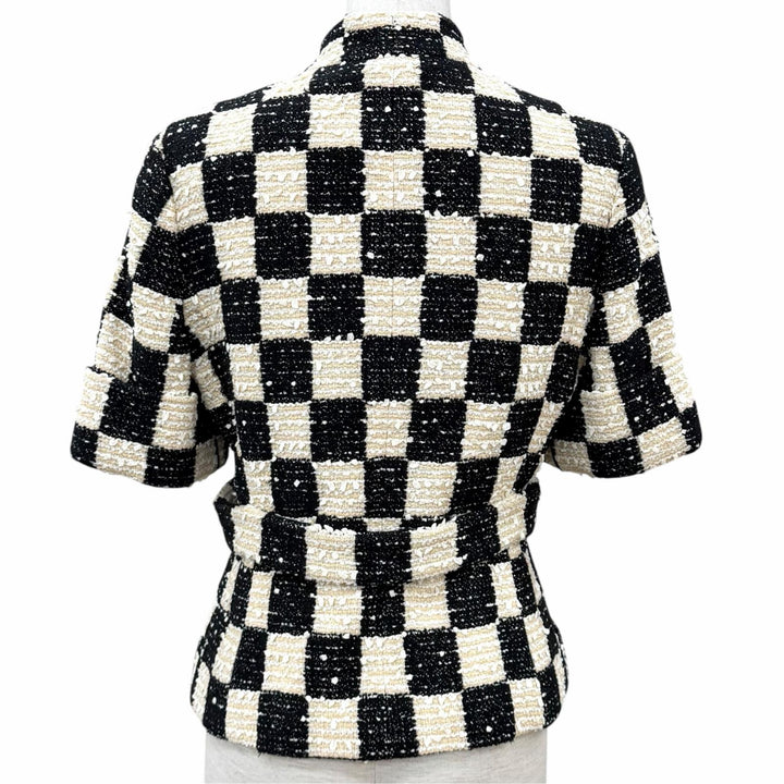 Pristine GUCCI Jacket Block check ribbon tweed short sleeve cotton IT 40 652261