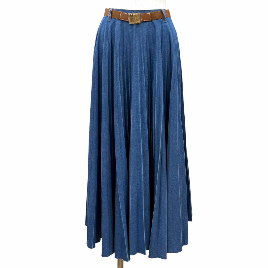 Excellent MIUMIU Long skirt Pleated belted cotton denim cotton IT 38 GWD343