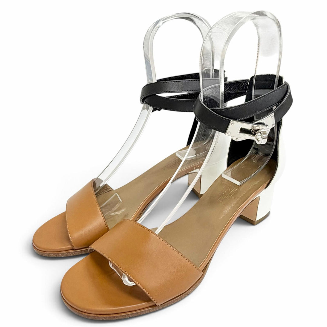 Great HERMES Sandals Money Kelly buckle ankle strap open toe Brown leather IT 36