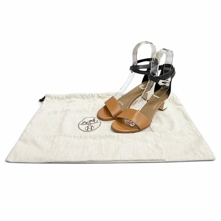 Great HERMES Sandals Money Kelly buckle ankle strap open toe Brown leather IT 36