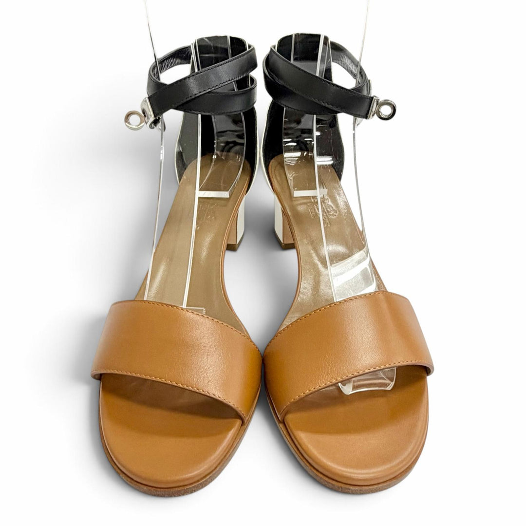 Great HERMES Sandals Money Kelly buckle ankle strap open toe Brown leather IT 36