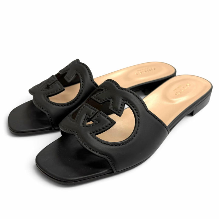 Pristine GUCCI Interlocking G cut-out slide sandals black leather IT 36 694451