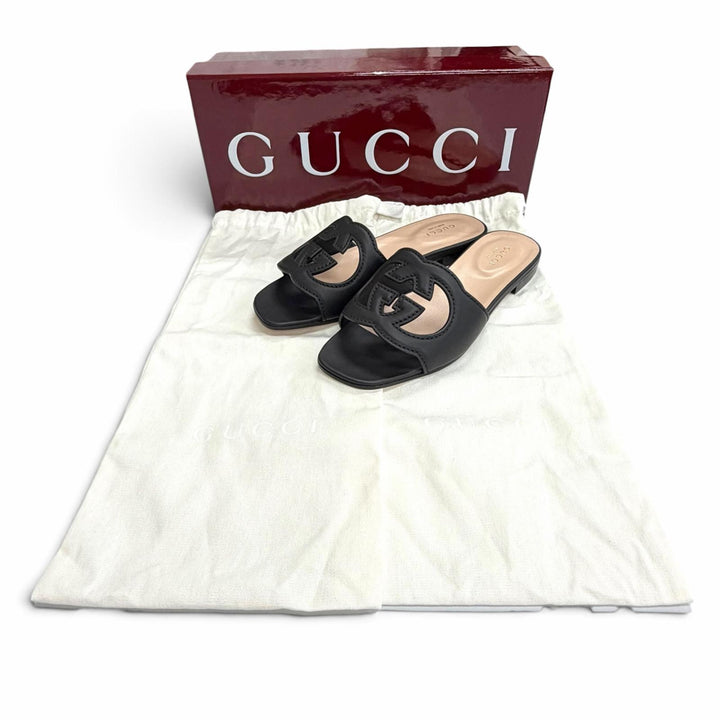 Pristine GUCCI Interlocking G cut-out slide sandals black leather IT 36 694451