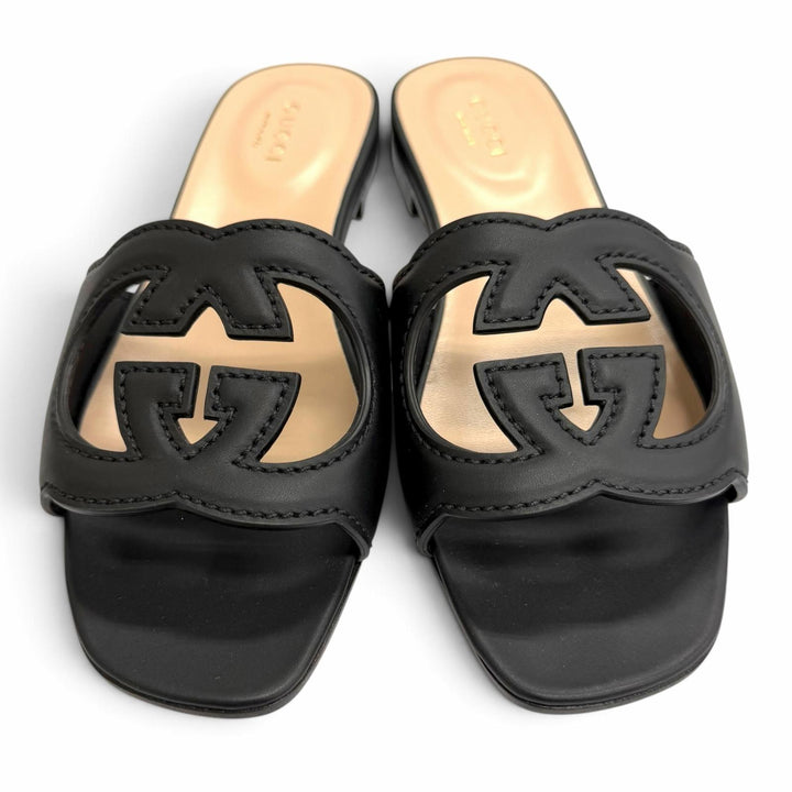 Pristine GUCCI Interlocking G cut-out slide sandals black leather IT 36 694451