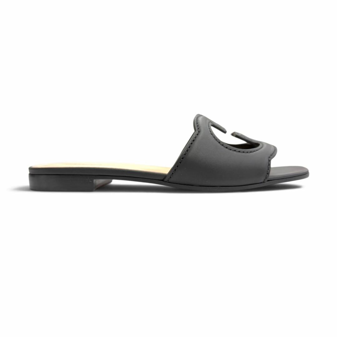 Pristine GUCCI Interlocking G cut-out slide sandals black leather IT 36 694451