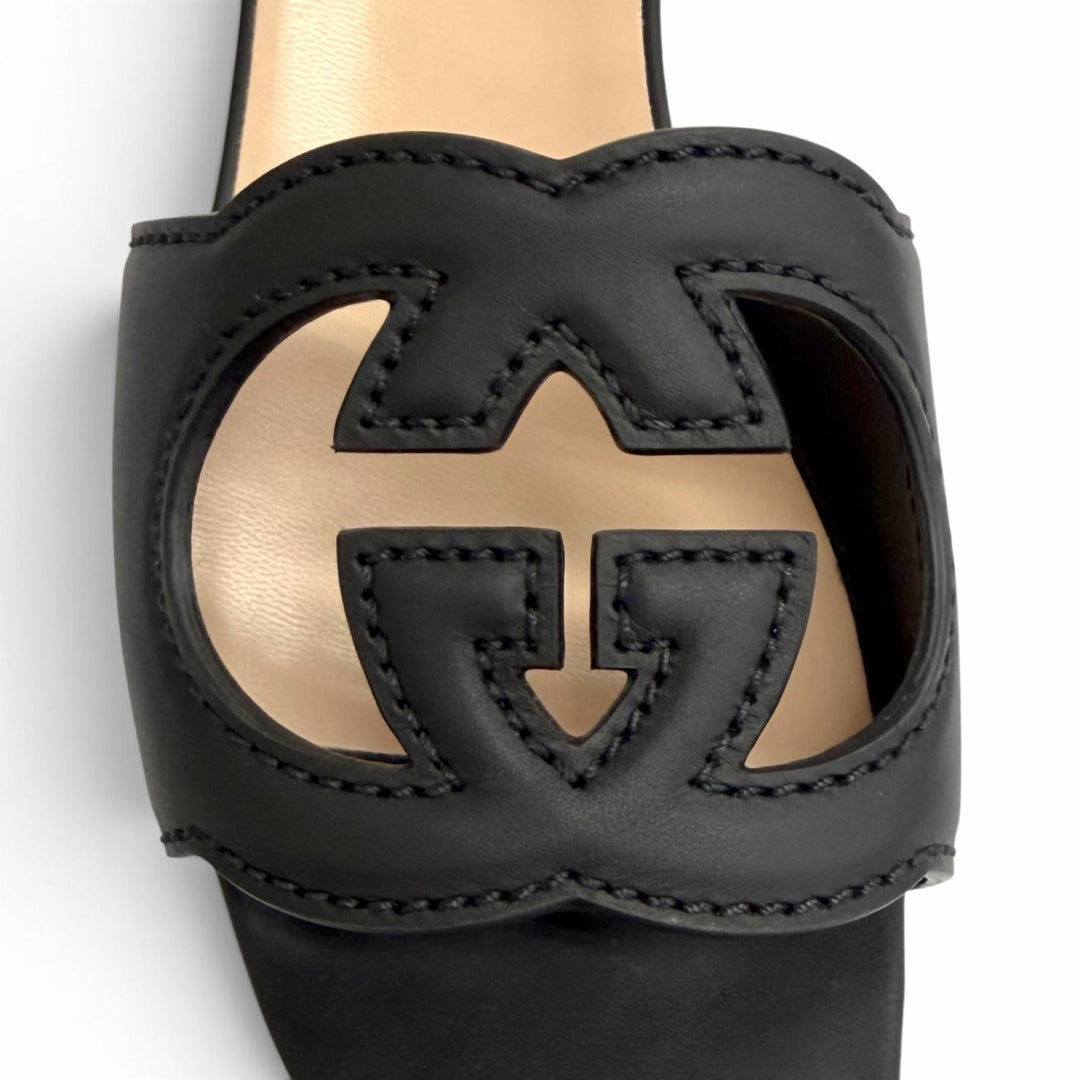 Pristine GUCCI Interlocking G cut-out slide sandals black leather IT 36 694451