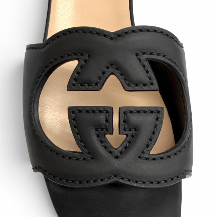 Pristine GUCCI Interlocking G cut-out slide sandals black leather IT 36 694451