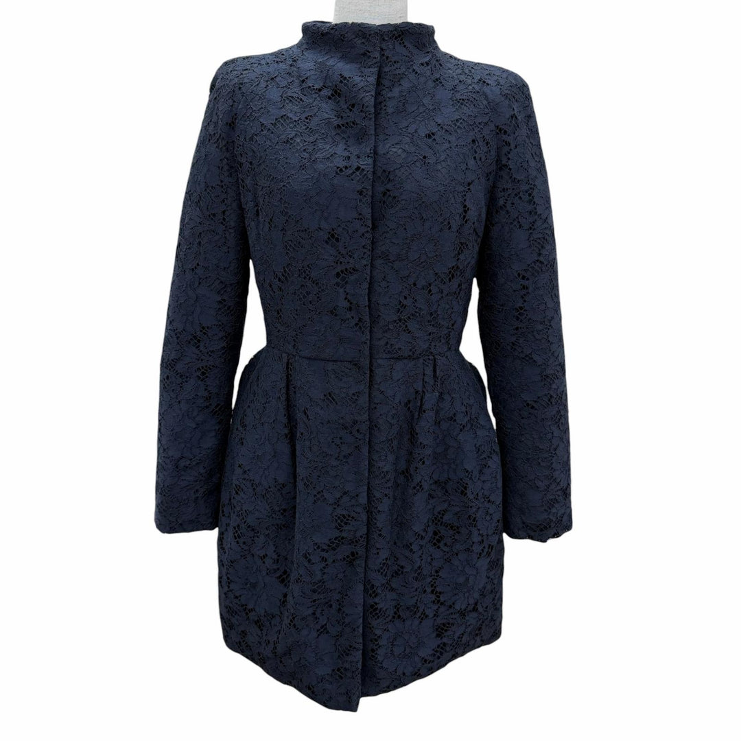 Excellent VALENTINO down coat Lace stand collar A-line Navy cotton Women IT 38