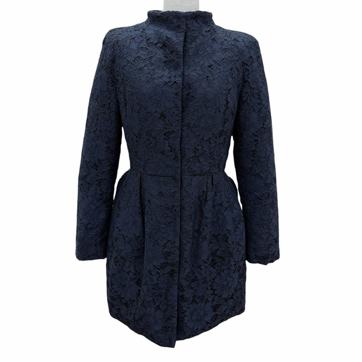 Excellent VALENTINO down coat Lace stand collar A-line Navy cotton Women IT 38