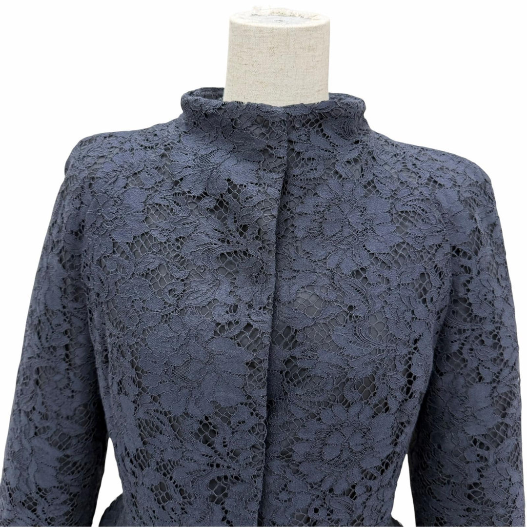 Excellent VALENTINO down coat Lace stand collar A-line Navy cotton Women IT 38