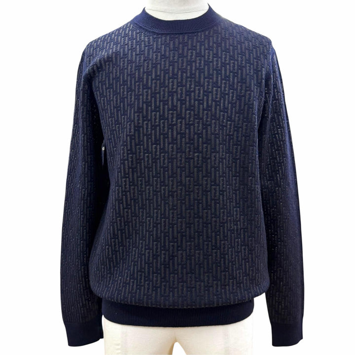 Excellent FENDI sweater FF Logo Crew Neck Knit Navy wool mens IT 46 FZX091