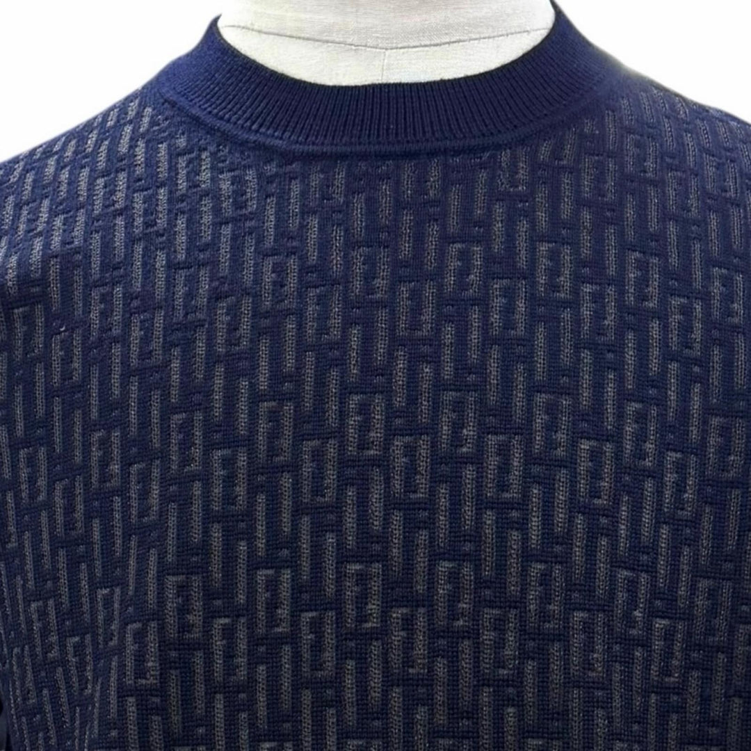 Excellent FENDI sweater FF Logo Crew Neck Knit Navy wool mens IT 46 FZX091