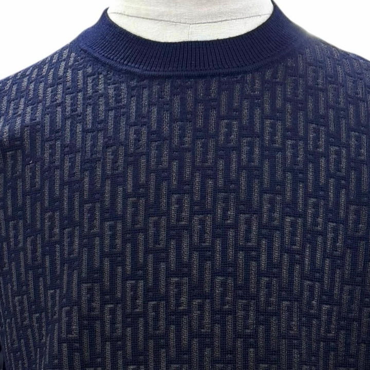 Excellent FENDI sweater FF Logo Crew Neck Knit Navy wool mens IT 46 FZX091