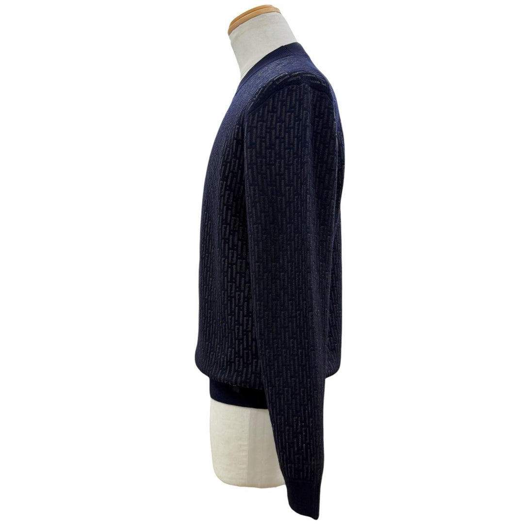 Excellent FENDI sweater FF Logo Crew Neck Knit Navy wool mens IT 46 FZX091