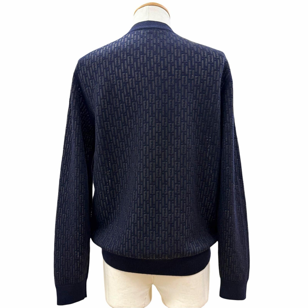 Excellent FENDI sweater FF Logo Crew Neck Knit Navy wool mens IT 46 FZX091
