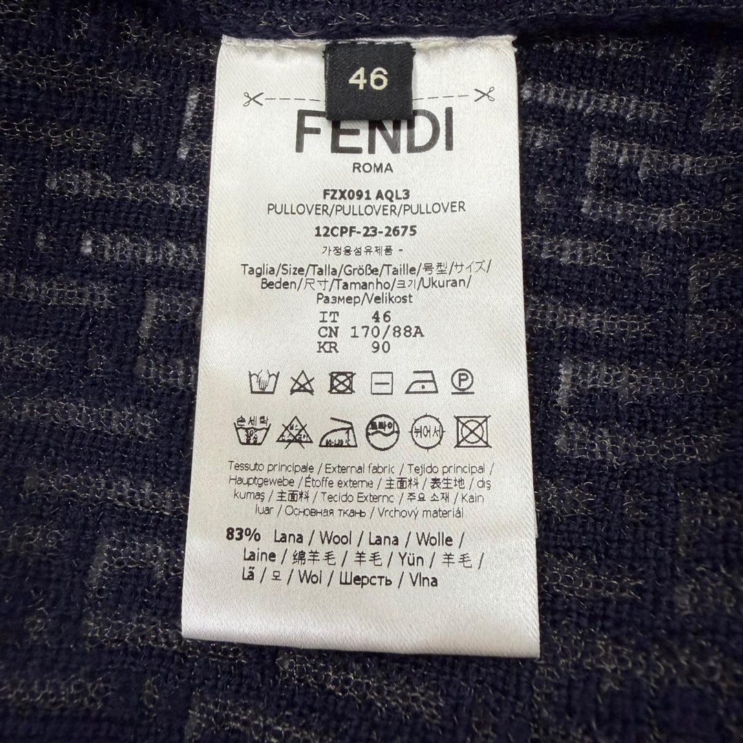 Excellent FENDI sweater FF Logo Crew Neck Knit Navy wool mens IT 46 FZX091