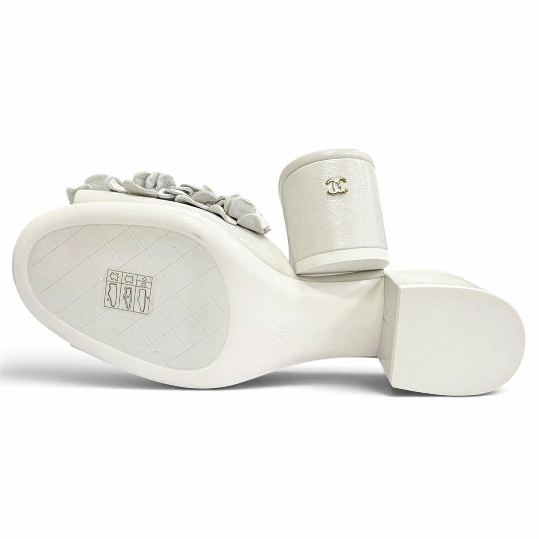 Pristine CHANEL COCO Mark beaded flower motif mule sandals gray 37.5 G46359
