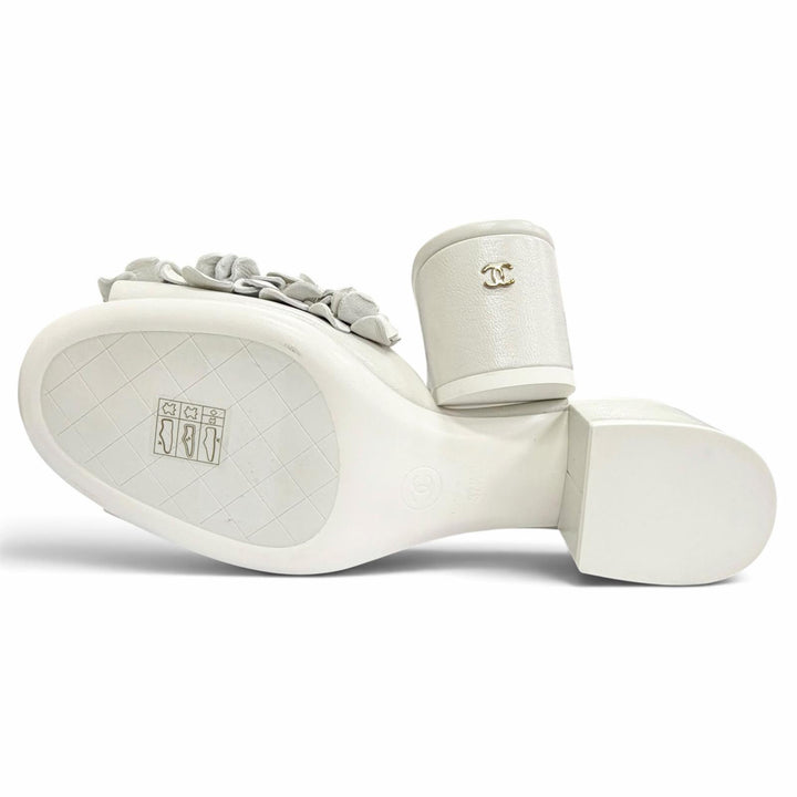 Pristine CHANEL COCO Mark beaded flower motif mule sandals gray 37.5 G46359