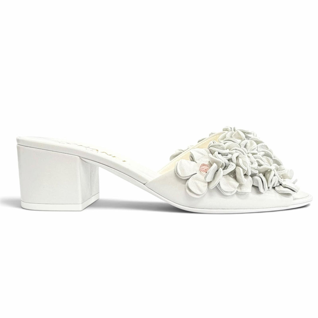 Pristine CHANEL COCO Mark beaded flower motif mule sandals gray 37.5 G46359