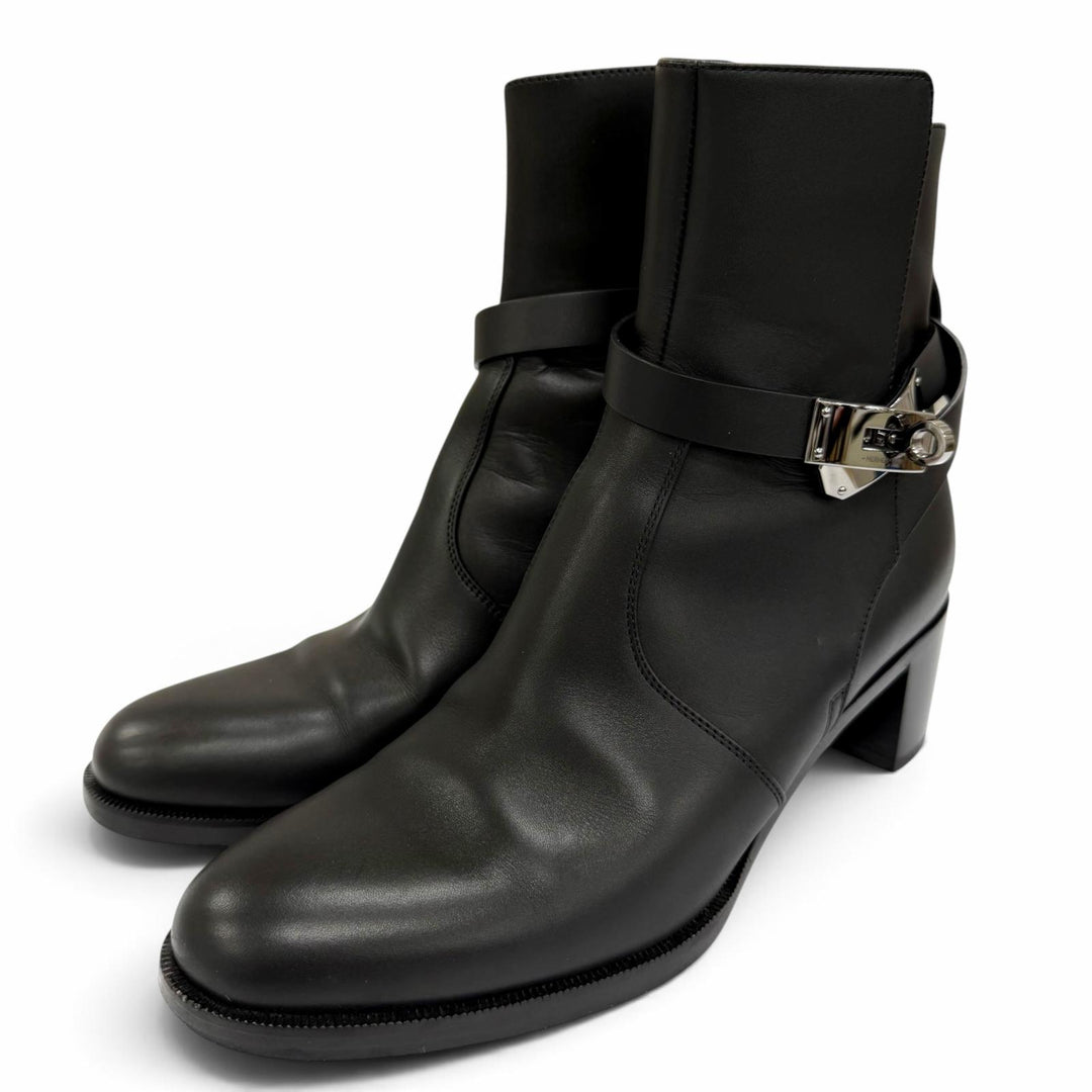 Great HERMES short boots French 50 Kelly Buckle Leather black 37.5 H222091Z