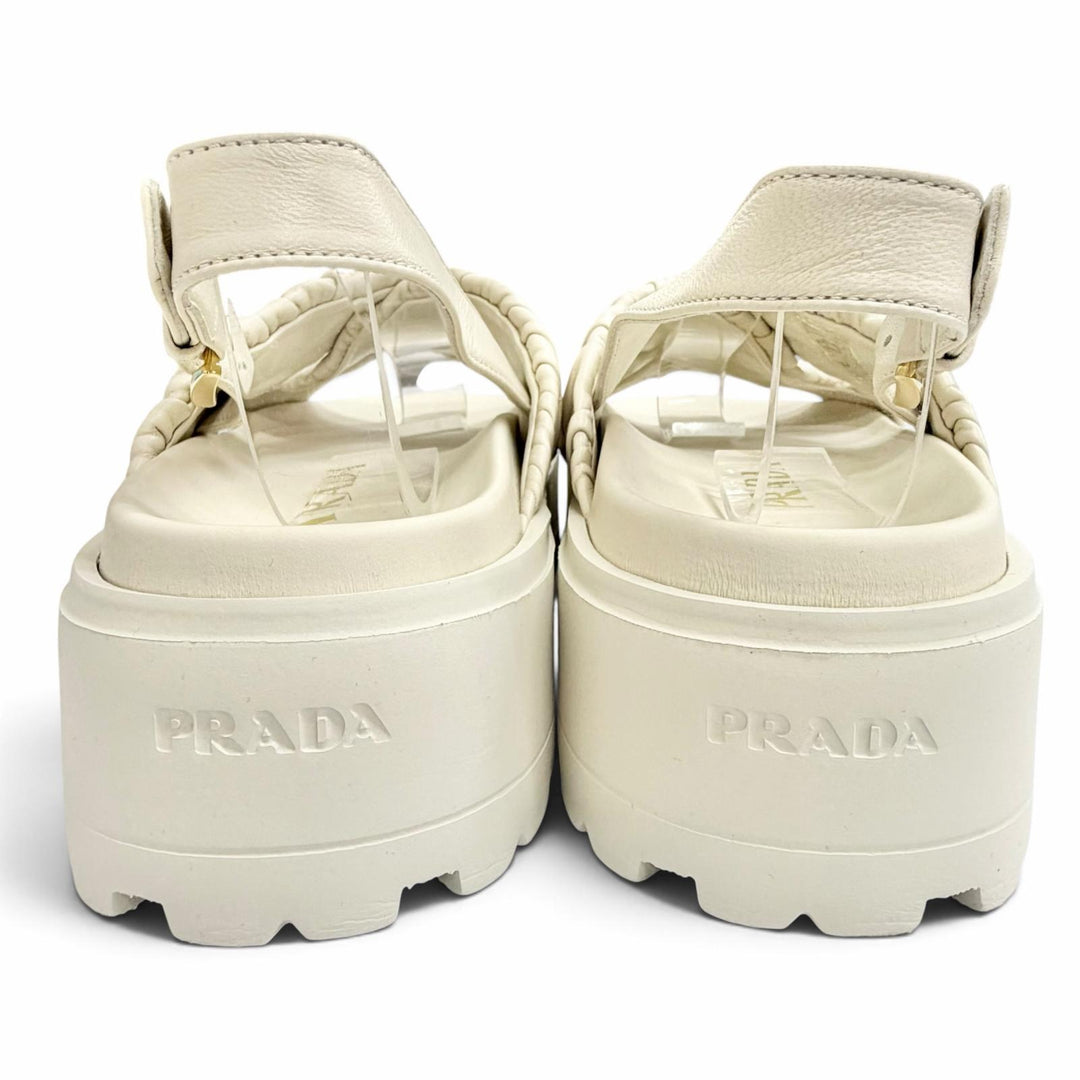 Great PRADA Matelassé leather platform sandals Triangle logo white 37 1XZ796