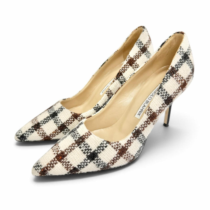 Great MANOLO BLAHNIK pumps BB 90 Check Pump Pointed Toe Ivory tweed Women 35