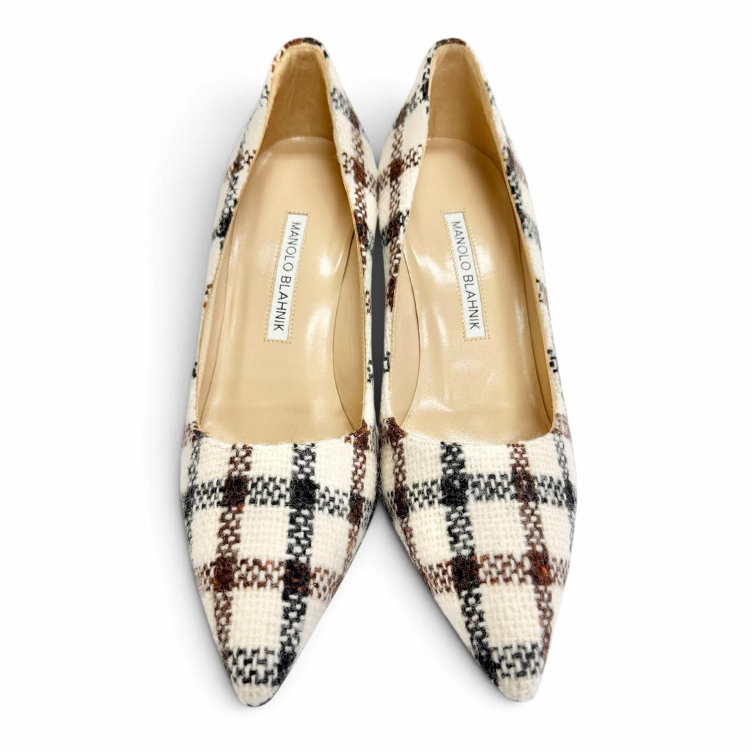 Great MANOLO BLAHNIK pumps BB 90 Check Pump Pointed Toe Ivory tweed Women 35