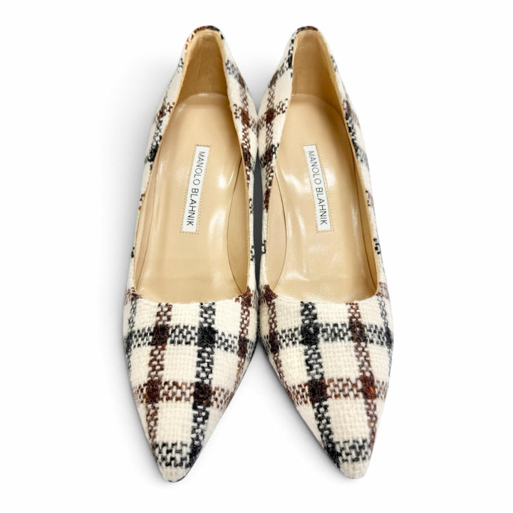 Great MANOLO BLAHNIK pumps BB 90 Check Pump Pointed Toe Ivory tweed Women 35